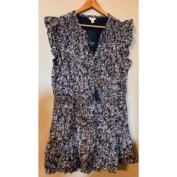 Crown & Ivy Women's XXL Ruffled Sleave Tiered Mini Dress Navy Microfloral Spring - Picture 6 of 14